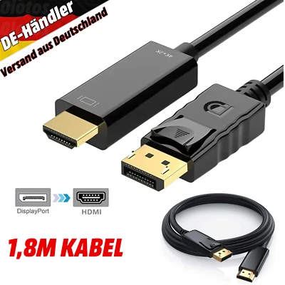 Displayport auf HDMI Kabel 4K DP zu HDMI Adapter Stecker Wandler Konverter 1,8M - Bild 1 von 4