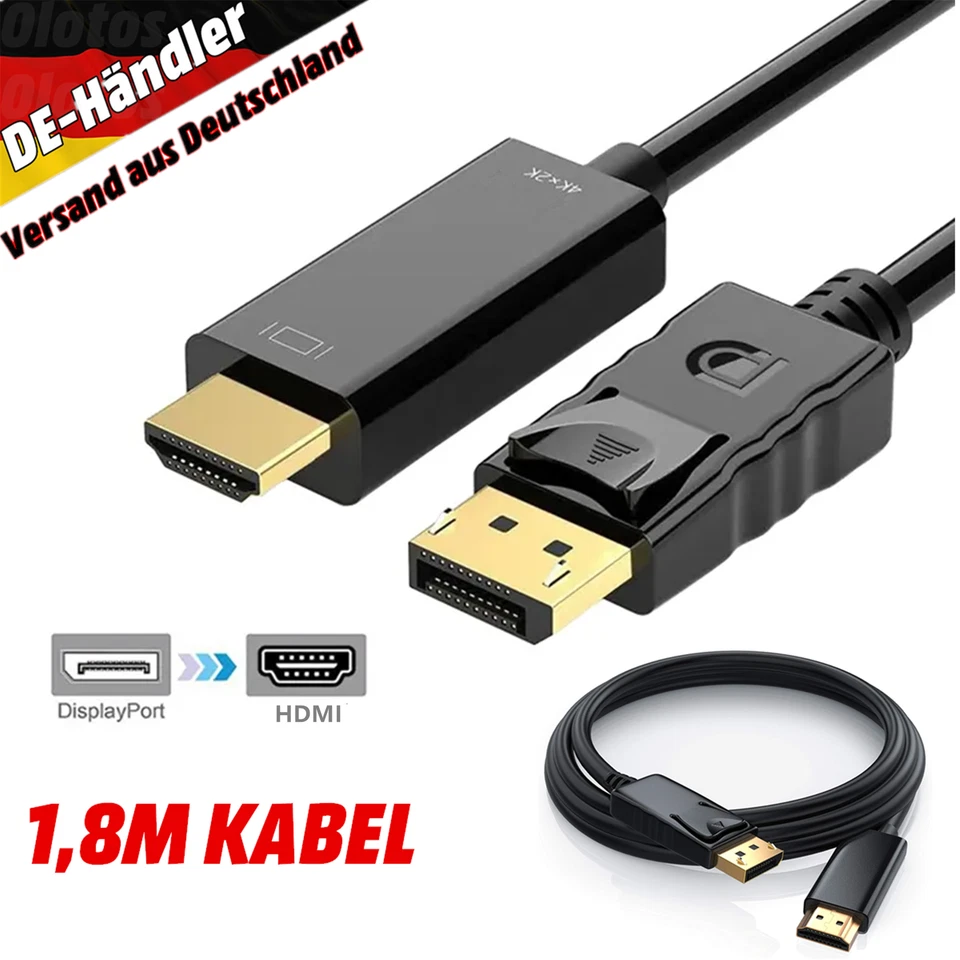 Displayport auf HDMI Kabel 4K DP zu HDMI Adapter Stecker Wandler Konverter 1,8M - Bild 1 von 4
