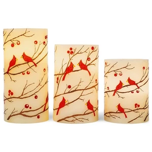 Flameless Glitter Berries and Cardinals Wax Pillar Candles with Timer, 3pc Set - Picture 1 of 6