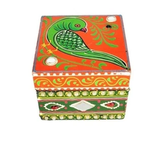 Vintage Artisan Mirrored Jeweled Hinged Hand Painted Wooden Trinket Box India - Picture 1 of 12