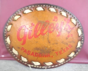 Vintage Mallory Gilley's Pasadena Texas Western Leather & Rawhide Belt Buckle - Picture 1 of 6