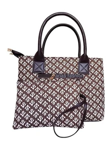 Handmade Cotton Tote Bag Brown White Geometric Print with Leather Handles - Picture 1 of 5