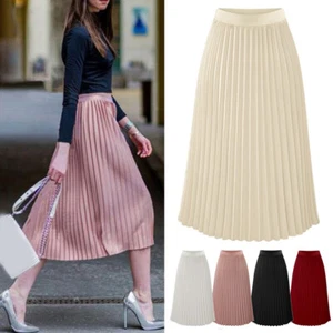 Women's High Waist Pleated Skirt Solid Elastic Casual A line Swing Midi Skirts - Picture 1 of 20