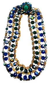 Stunning Iridescent Blue & Green Glass Crystal Bead & Metal Accent Necklace - Picture 1 of 4