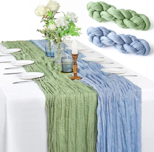 2 Pieces 10FT Sage Green and Dusty Blue Cheesecloth Table Runner Boho Gauze Fabr - Picture 1 of 7