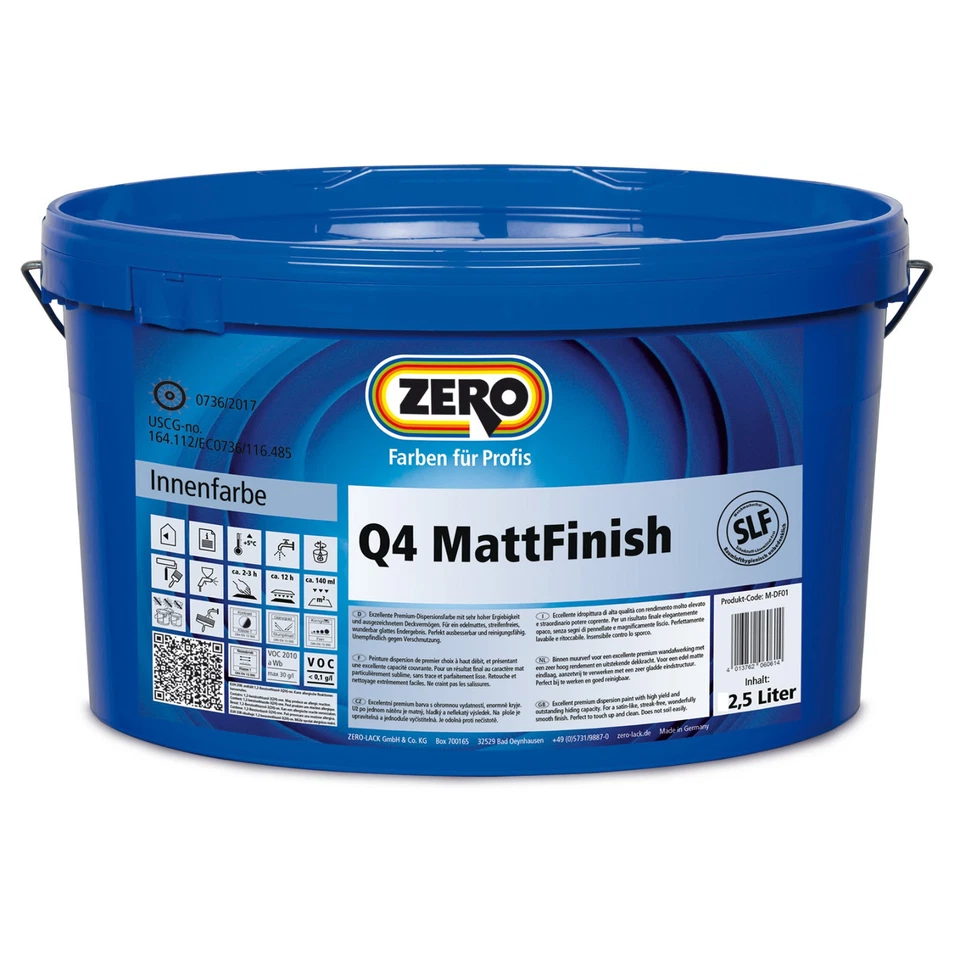 ZERO Q4 Mattfinish Premium Wandfarbe Innenfarbe Scheuerbeständig 2,5L weiß Kl.1 - Bild 1 von 1