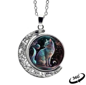Crescent Half Moon 360° Rotating Round Cat Pendant Charm & Necklace Jewelry Gift - Picture 1 of 5