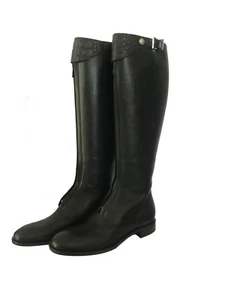 Auth. Versace Versus hoher schwarzer Leder-Reiterstiefel silberfarben Logo 38 neu im Karton 795 $ - Bild 1 von 8
