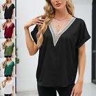 Ladies T Shirt Short Sleeve Summer Tops Lace Stain V Neck Holiday Baggy Women