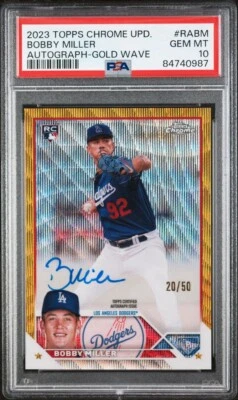 2023 Topps Chrome Update Bobby Miller Gold Wave Refractor RC Auto #20/50 PSA 10 - Image 1 of 3