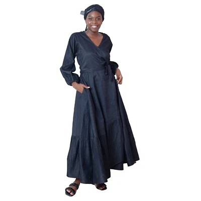 African Women's Denim Long Sleeve Maxi Wrap Dress -- FI-6204D - Image 1 of 4