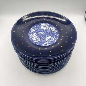 Juego de 9 platos de comedor Carla, azul con flores y puntos dorados - Imagen 1 de 22