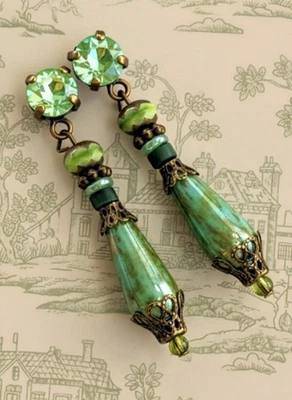 Victorian Apple Peridot Green Swarovski Crystal & Glass Earrings In Brass - Image 1 of 4