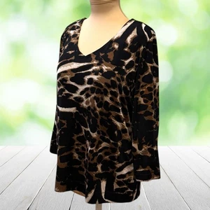 Top CHICOS Travelers para mujer grande 2 marrón negro estampado animal manga 3/4 ajustado - Imagen 1 de 13