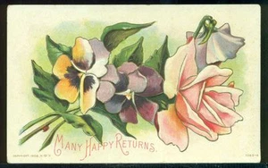 MANY HAPPY RETURNS Large Pansies and Pink Rose Vintage 1910 Postcard - Picture 1 of 1