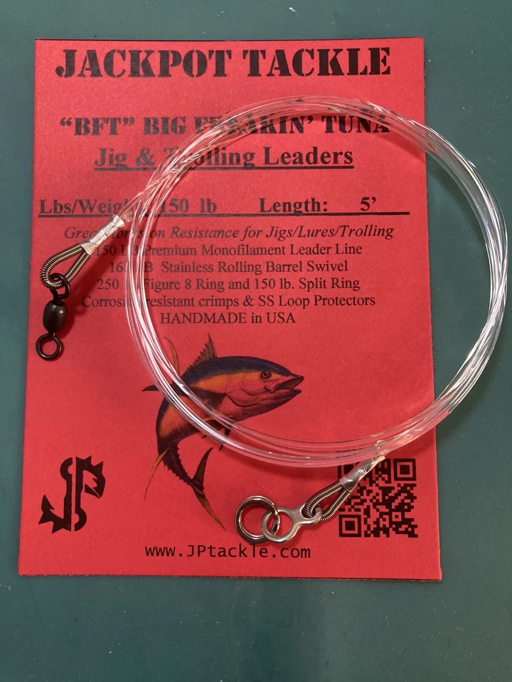 2 PACK 150# 5’ BFT BIG FREAKIN’ TUNA Fishing/Jigging Leaders for Heavy Knife Jig - Image 1 of 4