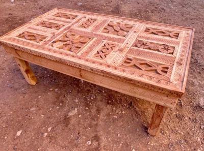 Custom Moroccan Carved Rustic Wood Coffee Table, Geometric Pattern Antique Table - Image 1 of 4