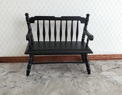 Dollhouse Bench Deacon Style Black Wood 1:12 Scale Miniature Furniture - Image 1 of 4