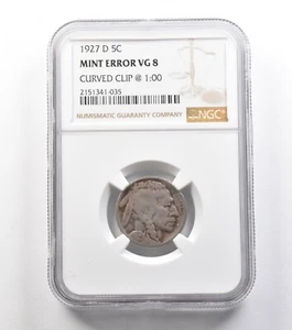 1927-D Indian Head Buffalo Nickel Mint Error Curved Clip @ 1:00 VG8 NGC *0916 - Picture 1 of 3