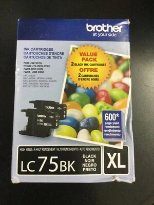 Brother LC75BK XL Black High Yield Ink Genuine Cartridges Exp  3/2026 8446 - Image 1 of 4