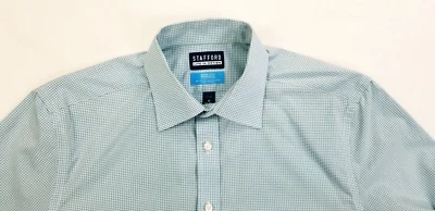Stafford Life in Motion Coolmax Size 15-15.5 32-33 Fitted White Aqua Check Shirt - Image 1 of 4