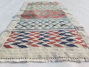 More details for fine vintage traditional hand made oriental wool pistachio kilim 95x52cm