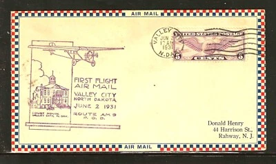 1931 - FIRST FLIGHT CAM 9 VALLEY CITY ND - ROESSLER CACHET & ENVELOPE - Image 1 of 2