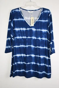 Women's Agnes Orinda Plus Size V-Neck 3/4 Sleeve Casual Tie-Dye Tee Blue 1X - Picture 1 of 4