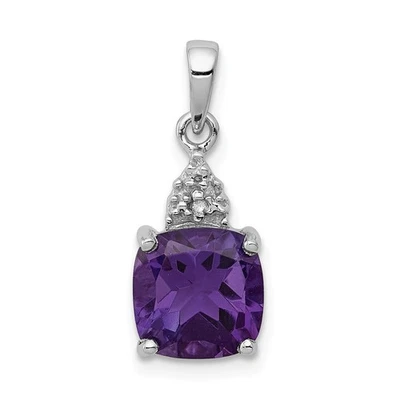 Argento Sterling Placcato Rodio Cuscino Viola Ametista & Diamante Goccia - Immagine 1 di 3