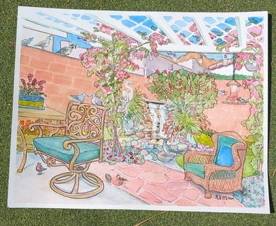 Pintura Acuarela Original Bird Morning Jardín Patio RAMfish Artist 20x16" Foto 1 de 4