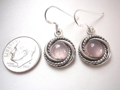 Pendientes colgantes redondos de cuarzo rosa simulado de plata de ley 925 Foto 1 de 2