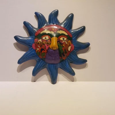 Cerámica de jardín mexicana hecha a mano 10" x 10" - cara de sol de cerámica de pared azul Foto 1 de 2