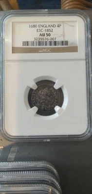 England 1680 Bull-632  "ESC-1852" Charles II Maundy 4p silver coin NGC AU 50 - Image 1 of 2