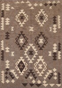 Natural Dye Kilim Brown Reversible Area Rug 4'x5' South-western Tribal Carpet