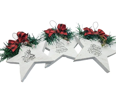 3 Primitive Star Christmas Ornaments Wreath Add-on Wall Hanging White Distressed - Image 1 of 4