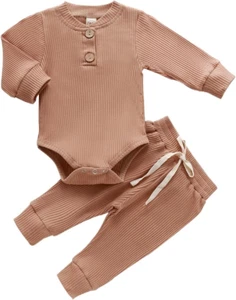 Newborn Baby Boy Girl Clothes Ribbed Knitted Cotton Long Sleeve Romper Long Pant - Picture 1 of 12