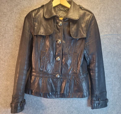 Chaqueta de moto de cuero negra vintage GUESS 1981 para mujer talla mediana Foto 1 de 4