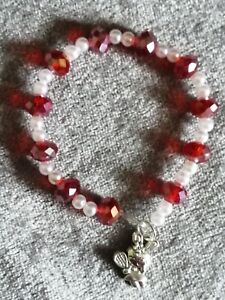 Tennis Bunny bracelet set with red multi faceted beads and faux pearls