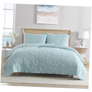  Outlined Shell 3-Piece Quilt Set, Coastal Beach Design Bedding King Aqua - Picture 1 of 5