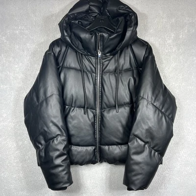 Chaqueta Zara Imitación Cuero Puffer Burbuja Con Capucha Mujer’s XL Negra Edición Limitada Foto 1 de 4