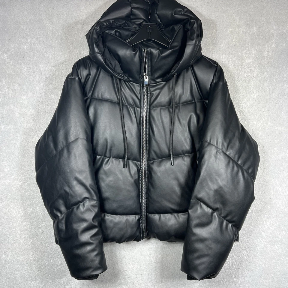 Zara 人造皮革泡泡夹克连帽女式 XL 黑色限量版 — 第 1/4 张图片