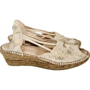 Satin Embroidered Espadrille Wedge Sandals Women’s Size 6.5 Cream Dress Shoes - Picture 1 of 11