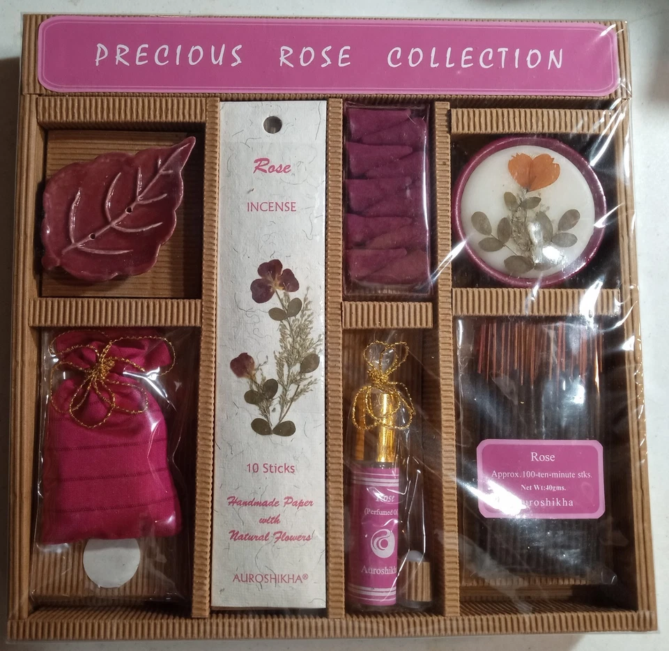 Conjunto de presente rosa preciosa de Auroshikha, incenso/suporte/óleo/sachê/vela, novo - Imagem 1 de 1