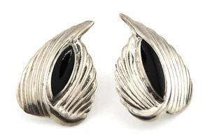 Retro Signed NF ND 925 Sterling Silver Black Onyx Angel Wing Clip on Earrings - Picture 1 of 7