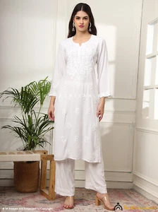 Chikankari White Rayon Kurti Palazzo Set Lucknowi Chikan Handmade Kurta Set - Picture 1 of 8