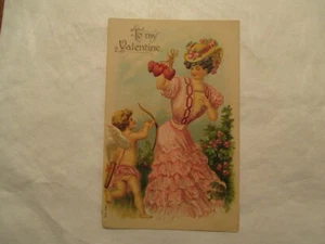 Valentine Cupid Hearts Pretty Lady Embossed 1910 Postcard - Picture 1 of 2