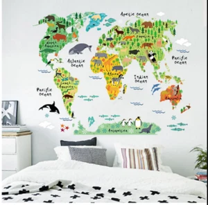 World Map Colourful Animal Wall Sticker Decal kids Large Fun Educational Bright - Picture 1 of 5
