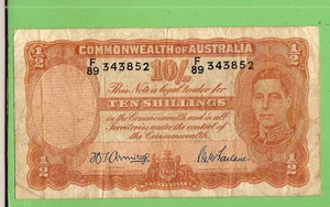 AUSTRALIAN 1942 TYPE ARMITAGE / McFARLANE  TEN SHILLING  BANKNOTE  #F89 343852 - Picture 1 of 2
