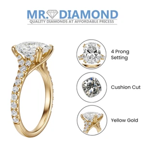 IGI 2.52 Ct F VS2 Cushion Cut Lab Grown Diamond Engagement Ring 14k Yellow Gold - Picture 1 of 4
