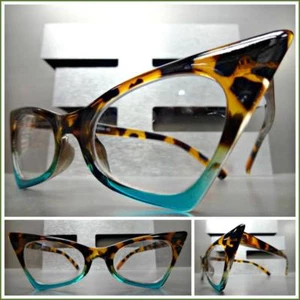 Exaggerated Retro Cat Eye Style EYE GLASSES Pointy Tortoise & Turquoise Frame - Picture 1 of 7